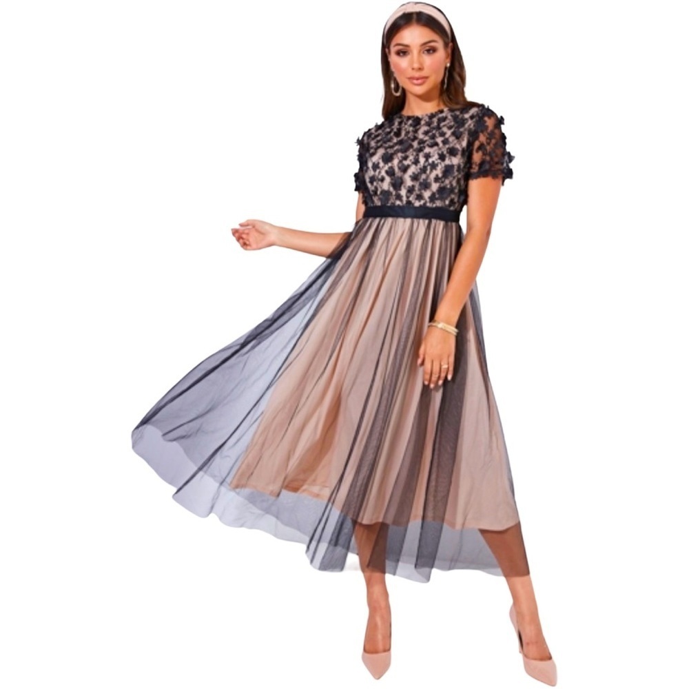 Polagram 3D Appliqué Mesh Overlay Midi Dress Black Size Small